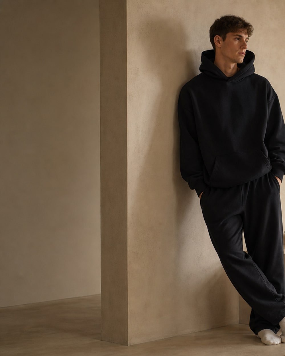 Heavyweight cotton fleece hoodie and sweatpants co-ord — on-body lifestyle