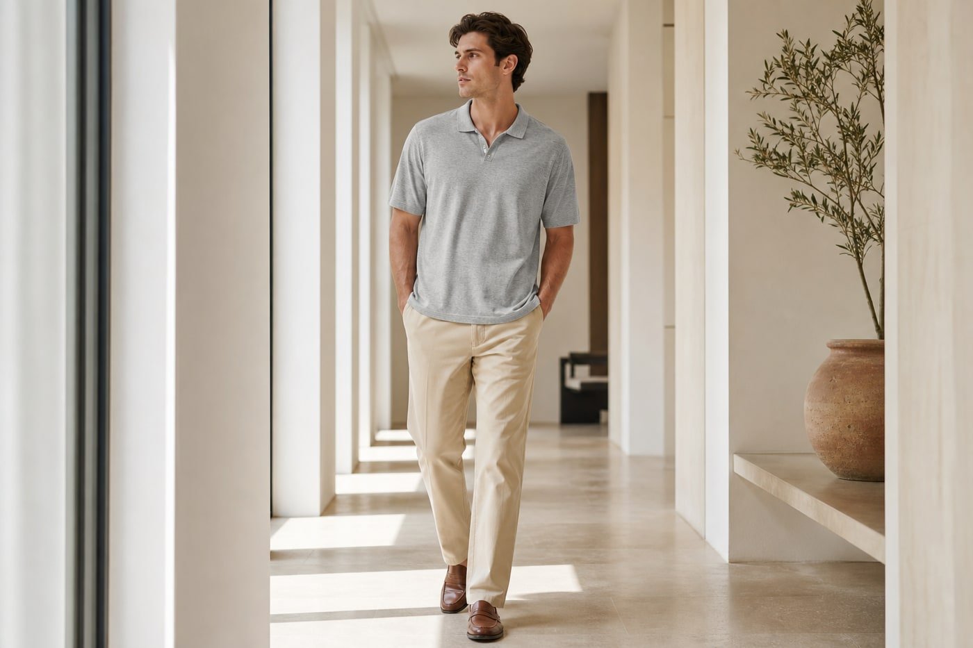 Loose cotton polo and straight-leg trousers — smart casual lifestyle