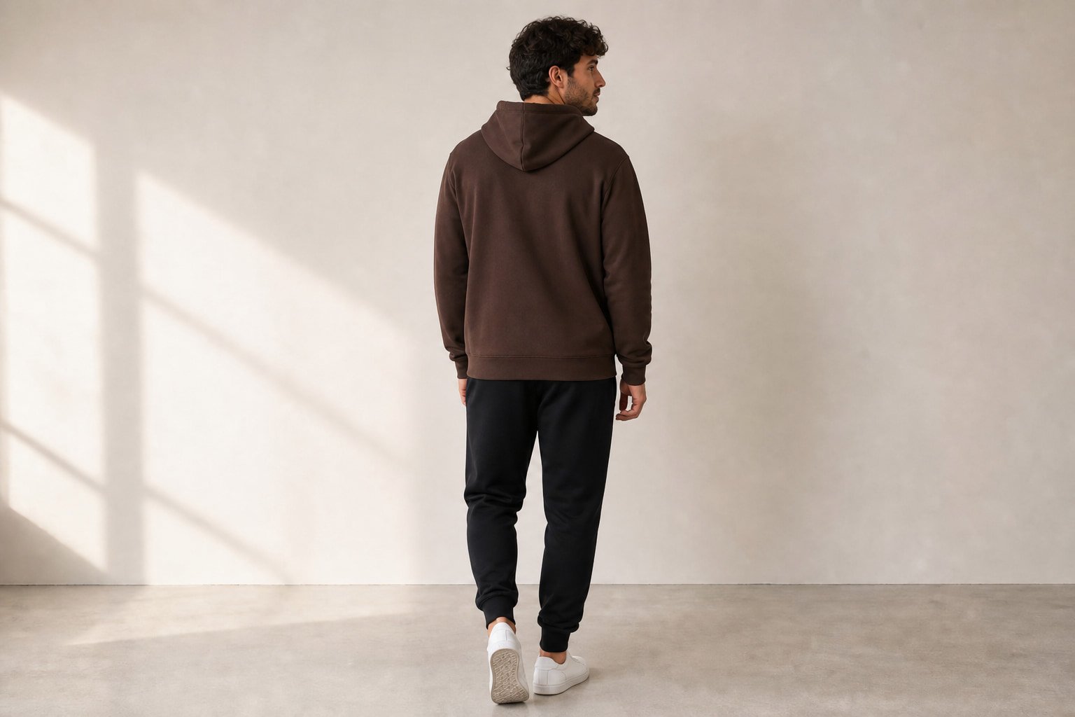 Heavyweight cotton hoodie in Coffee — back view