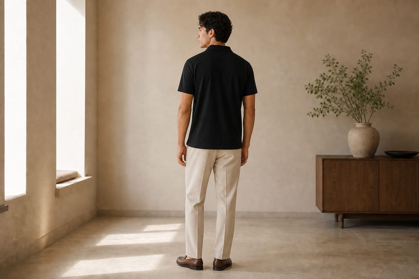 Loose fit cotton polo shirt 275gsm in Black — back view