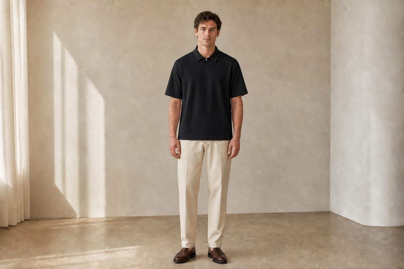 Loose fit cotton polo shirt 275gsm in Black — front view