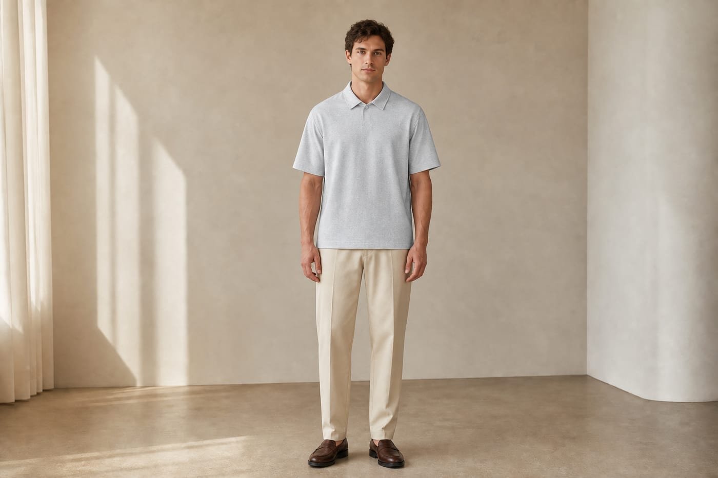 Loose fit cotton polo shirt 275gsm in Flower Gray — front view
