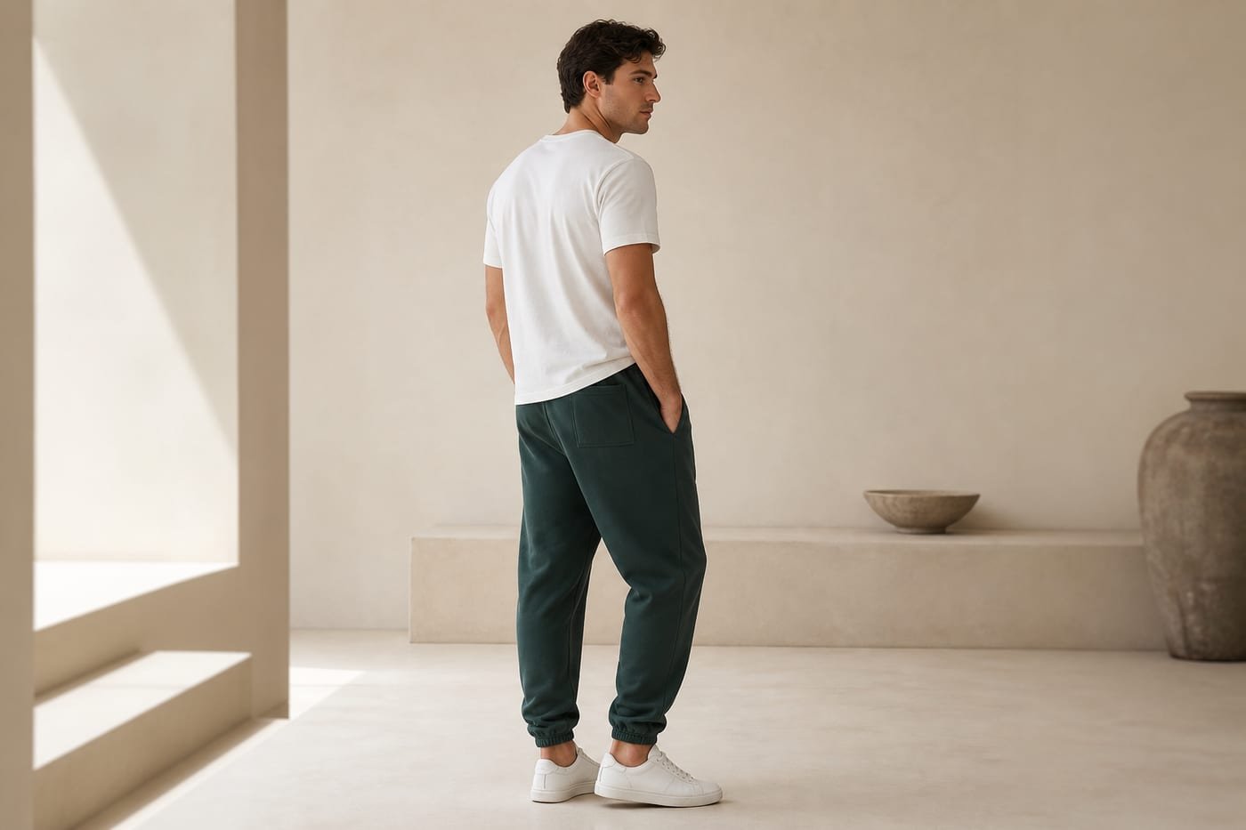 Heavyweight cotton sweatpants 530gsm in Retro Green — back view