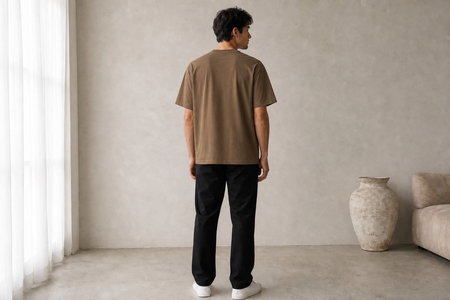Heavyweight cotton t-shirt in Coffee — back view