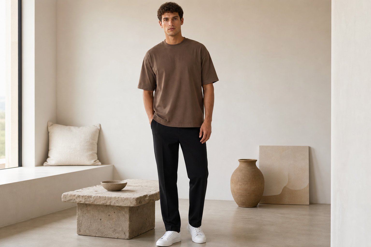 Heavyweight cotton t-shirt in Coffee — front view