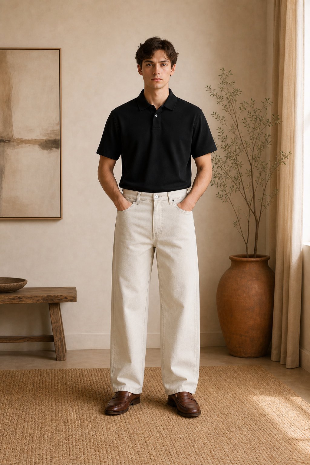 Straight leg cotton trousers in Beige — front view
