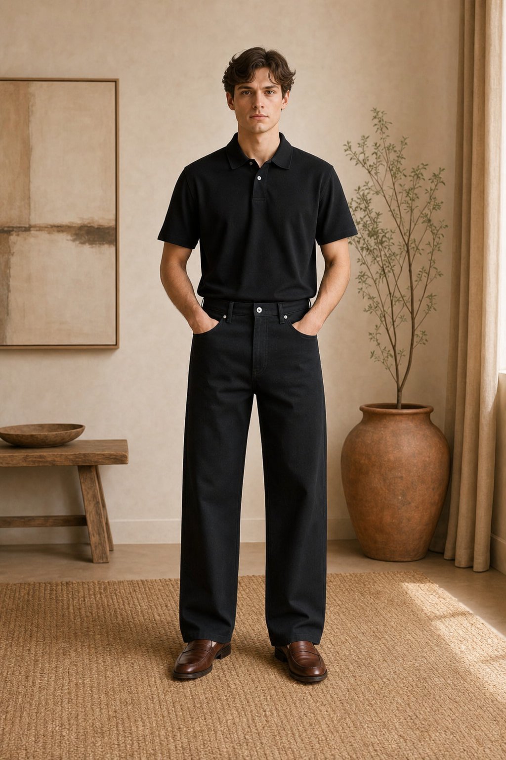 Straight leg cotton trousers in Black — front view
