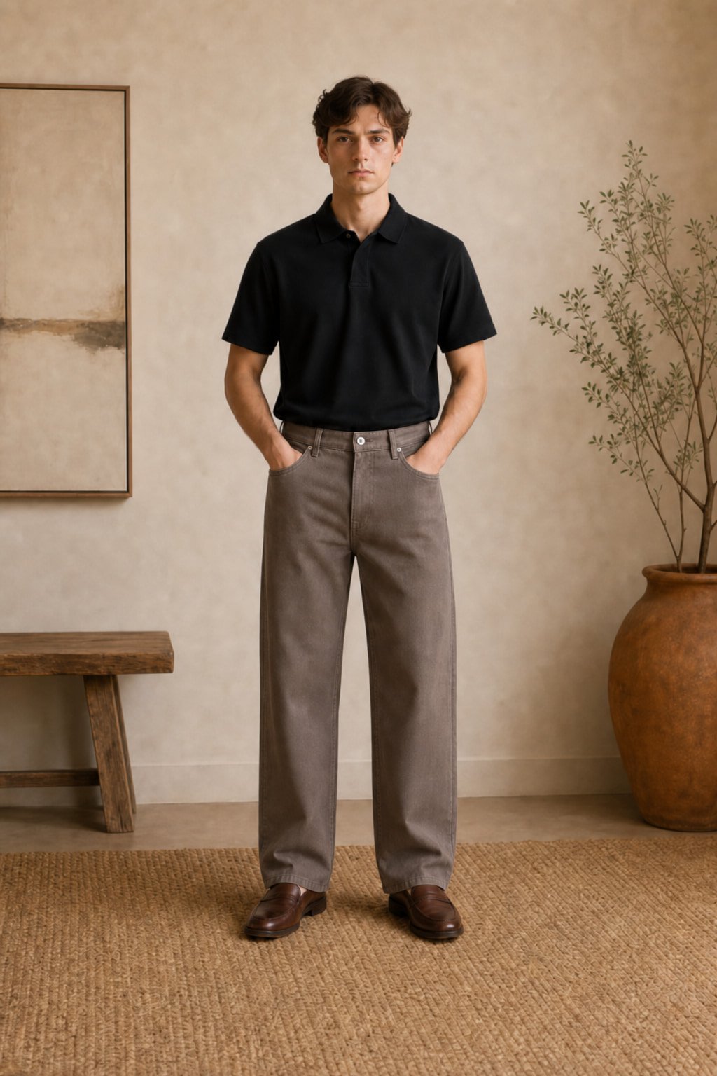 Straight leg cotton trousers in Coffee — front view