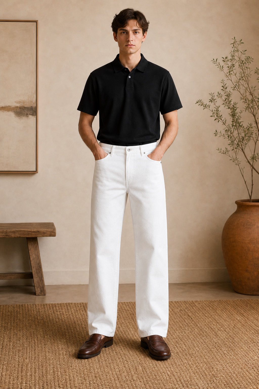 Straight leg cotton trousers in White — front view